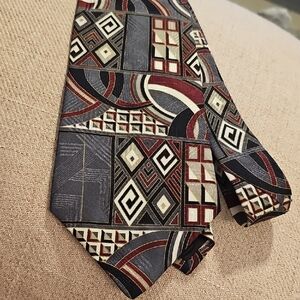 Geometric Patterned Tie - Red and Black Gray. By COURRCQCZHOMME